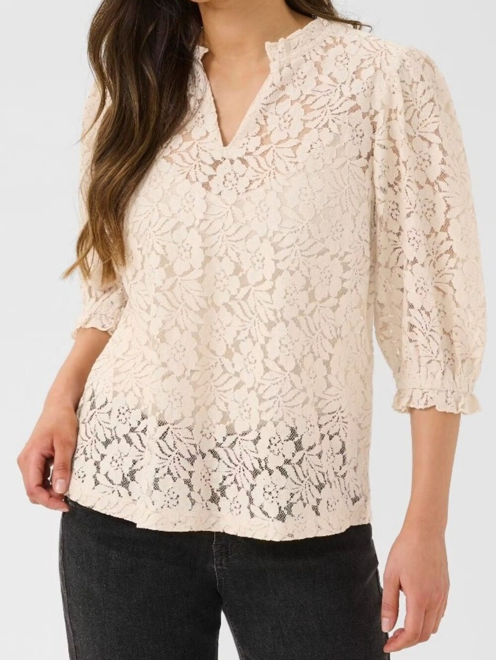 Cream Clothing DK Kaspis Lace Blouse Puff Sleeve Top Ruffle Trim Ivory Size 40